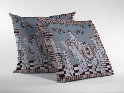 18” Blue Brown Ornate Elephant Indoor Outdoor Throw Pillow