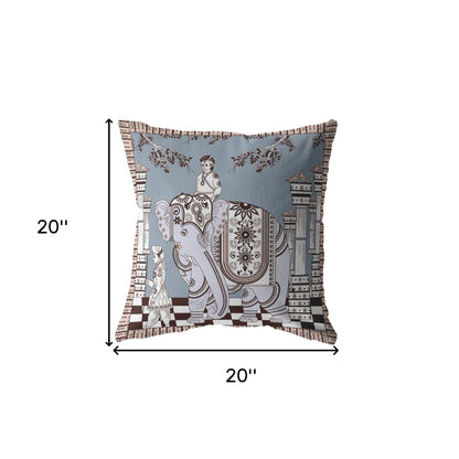 18” Blue Brown Ornate Elephant Indoor Outdoor Throw Pillow