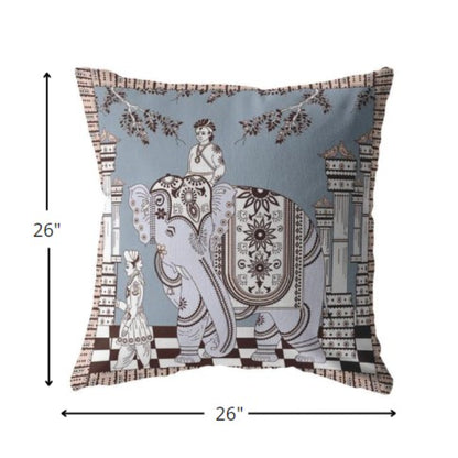 18” Blue Brown Ornate Elephant Indoor Outdoor Throw Pillow