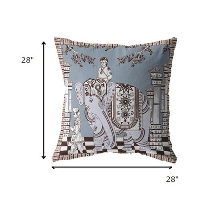 18” Blue Brown Ornate Elephant Indoor Outdoor Throw Pillow