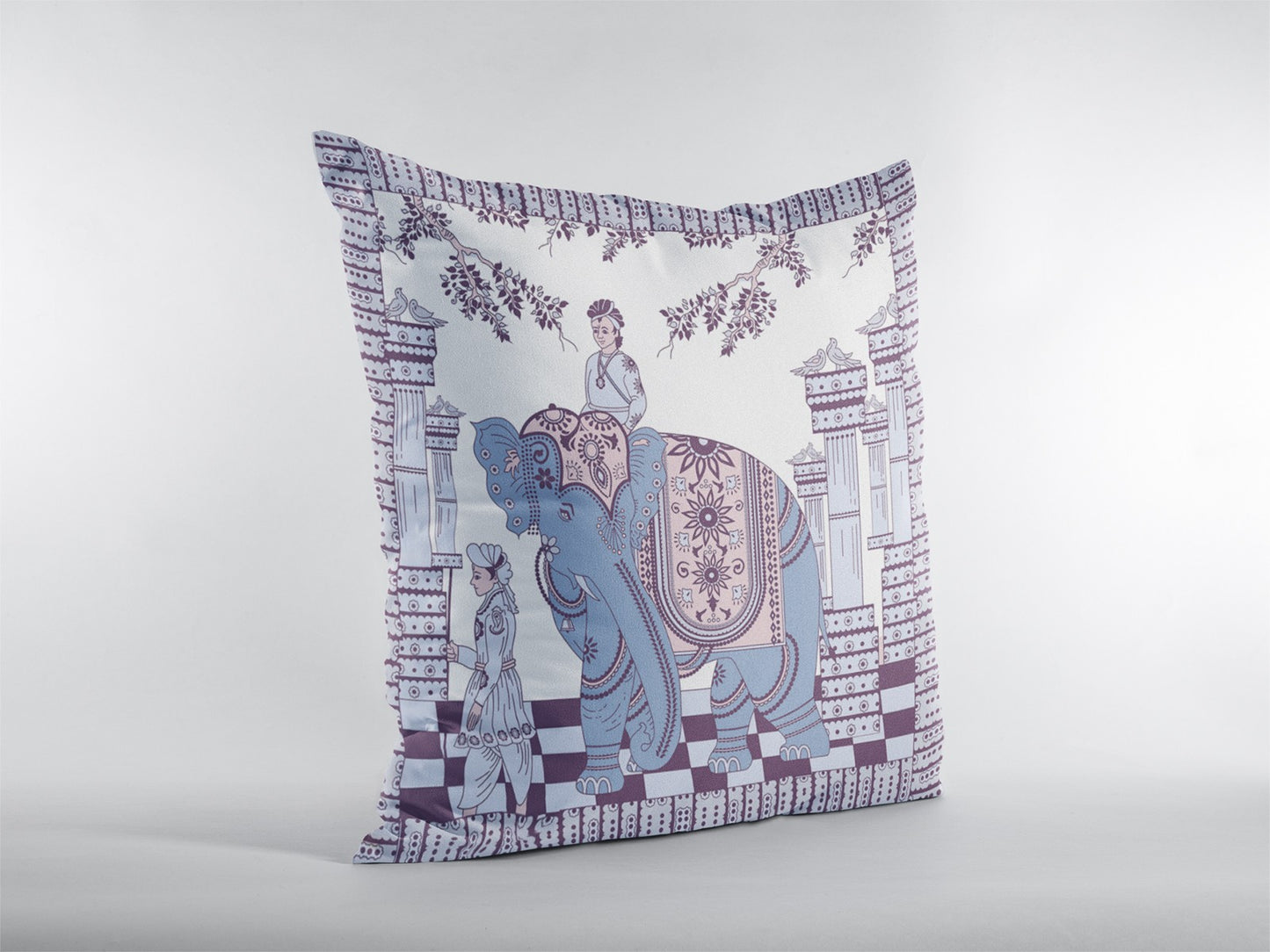 16” Blue Purple Ornate Elephant Indoor Outdoor Throw Pillow