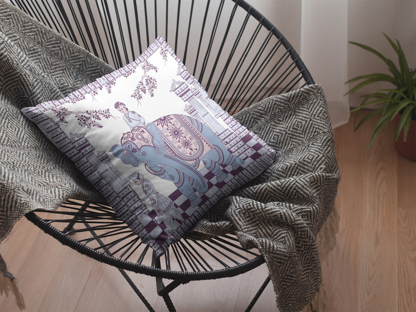 16” Blue Purple Ornate Elephant Indoor Outdoor Throw Pillow