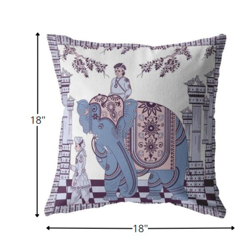 18” Blue Purple Ornate Elephant Indoor Outdoor Throw Pillow