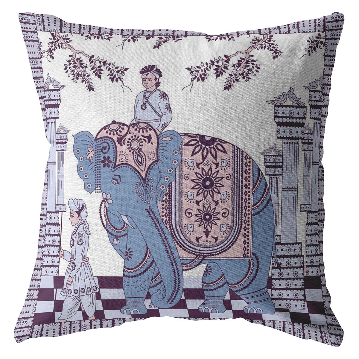 18” Blue Purple Ornate Elephant Indoor Outdoor Throw Pillow