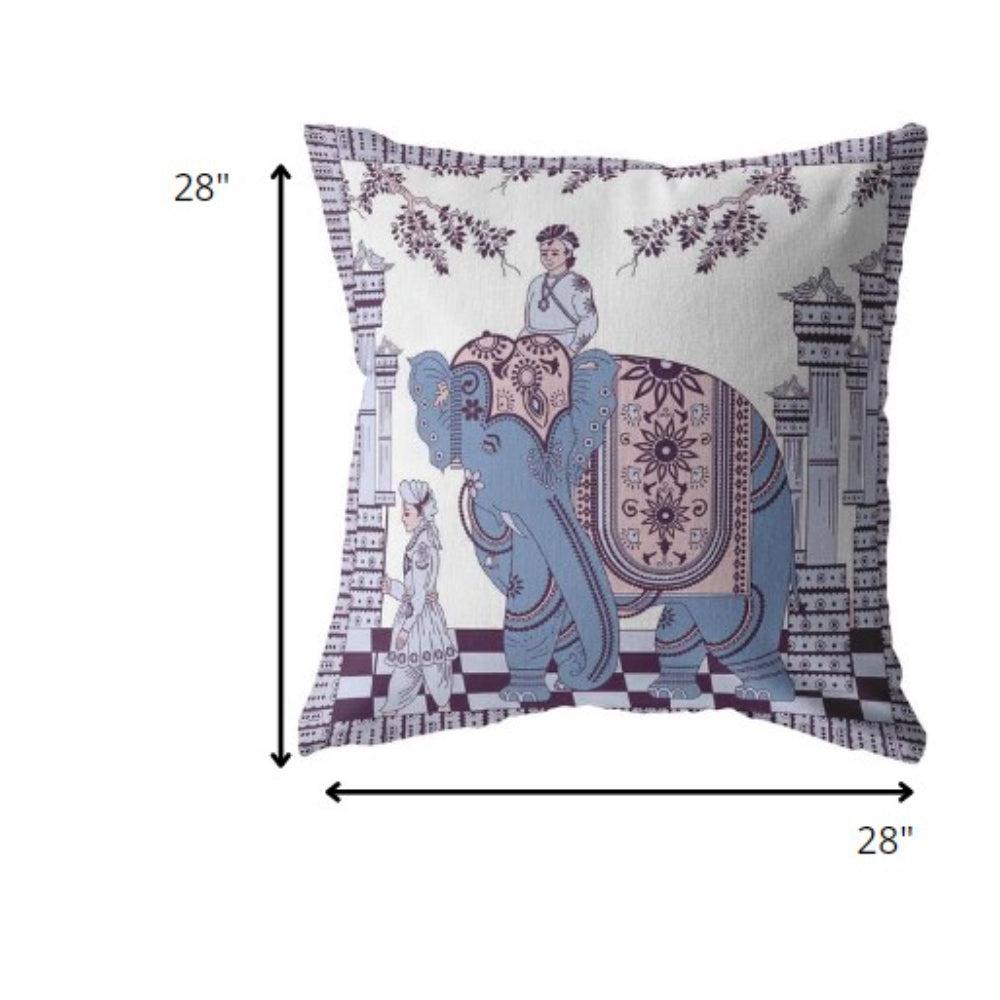 18” Blue Purple Ornate Elephant Indoor Outdoor Throw Pillow