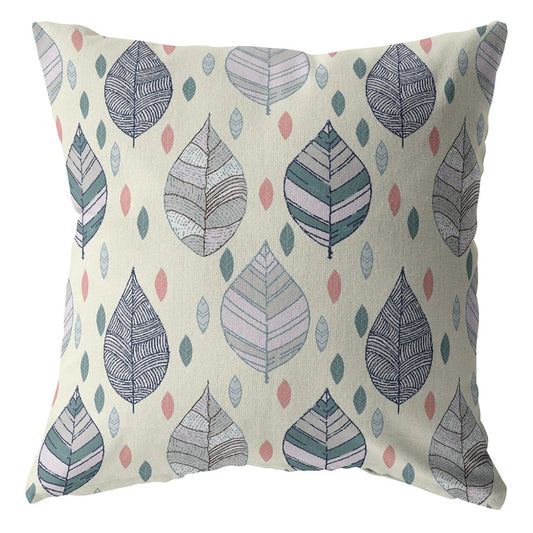 16” Cream Gray Leaves Indoor Outdoor Throw Pillow