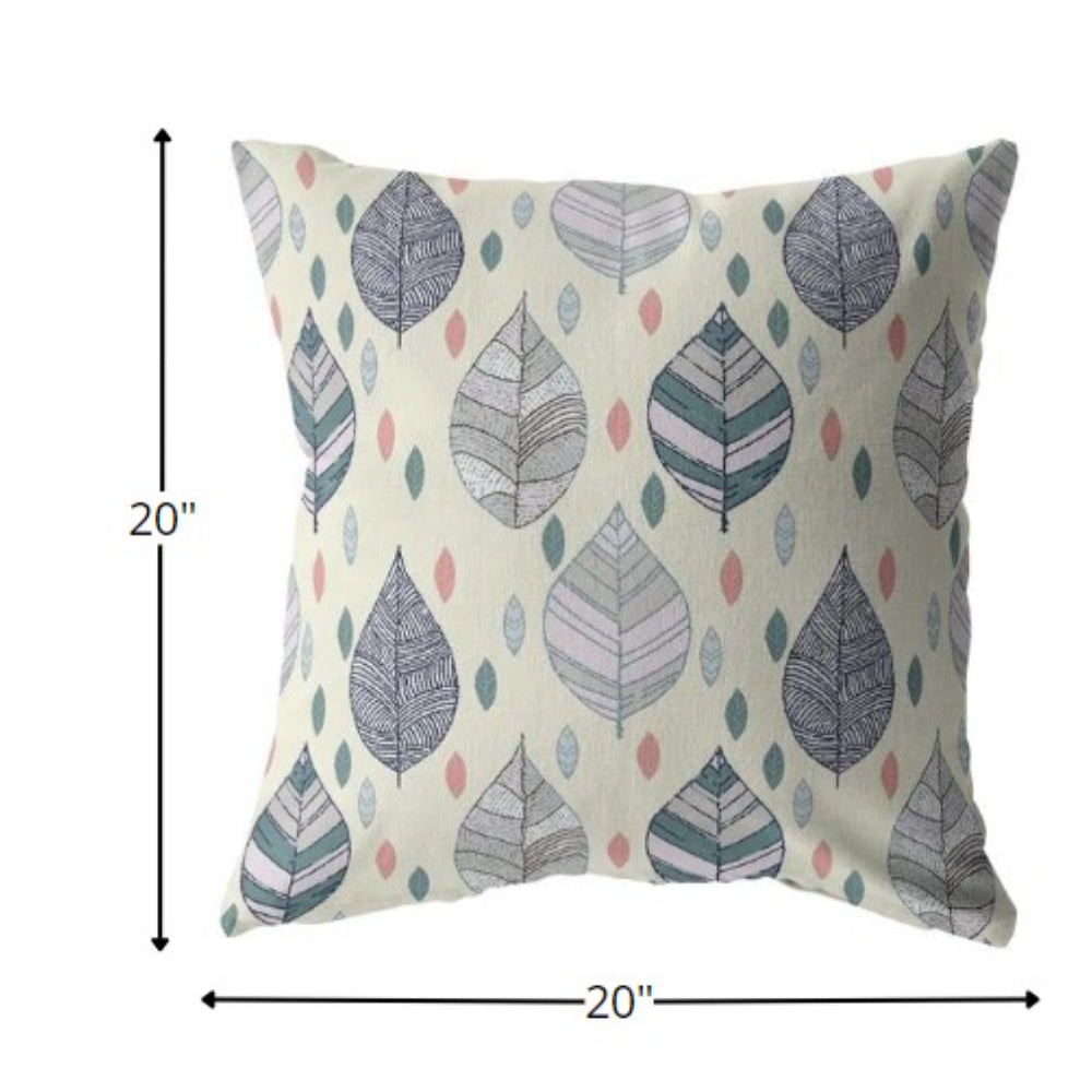 18” Cream Gray Leaves Indoor Outdoor Throw Pillow