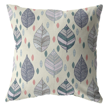 18” Cream Gray Leaves Indoor Outdoor Throw Pillow