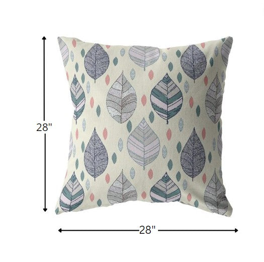 18” Cream Gray Leaves Indoor Outdoor Throw Pillow