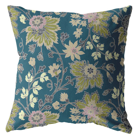 16” Teal Green Jacobean Indoor Outdoor Throw Pillow