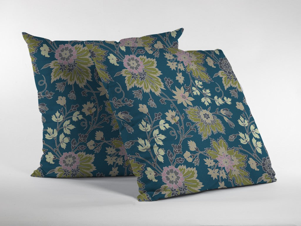 16” Teal Green Jacobean Indoor Outdoor Throw Pillow