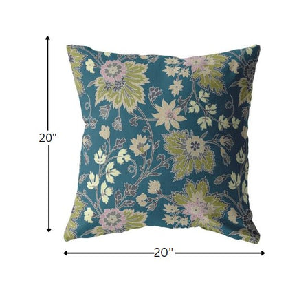 18” Teal Green Jacobean Indoor Outdoor Throw Pillow