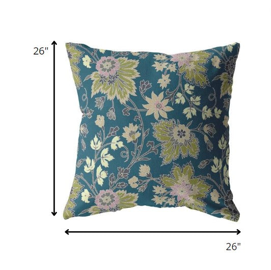 18” Teal Green Jacobean Indoor Outdoor Throw Pillow