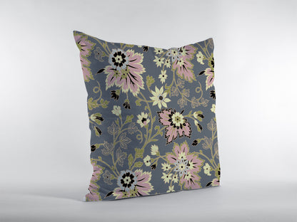 16” Gray Pink Jacobean Indoor Outdoor Throw Pillow