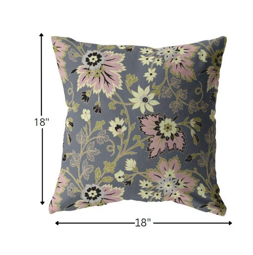 18” Gray Pink Jacobean Indoor Outdoor Throw Pillow