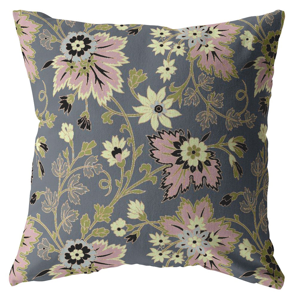 18” Gray Pink Jacobean Indoor Outdoor Throw Pillow