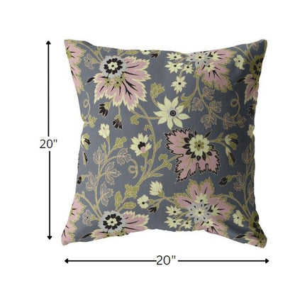 18” Gray Pink Jacobean Indoor Outdoor Throw Pillow