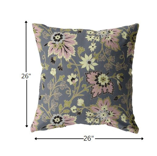 18” Gray Pink Jacobean Indoor Outdoor Throw Pillow