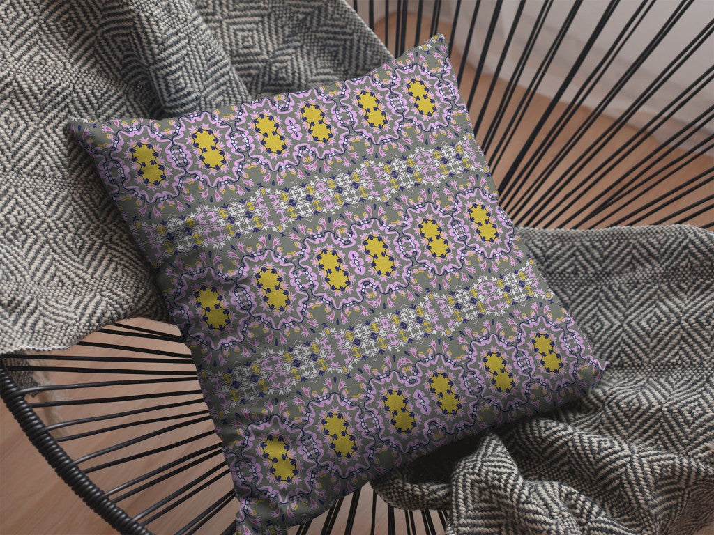 16” Purple Yellow Geofloral Indoor Outdoor Throw Pillow