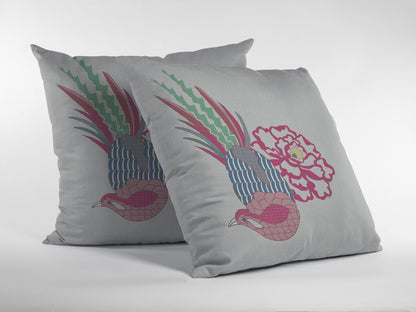 16” Pink White Peacock Indoor Outdoor Throw Pillow