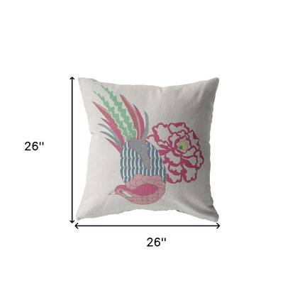 18” Pink White Peacock Indoor Outdoor Throw Pillow