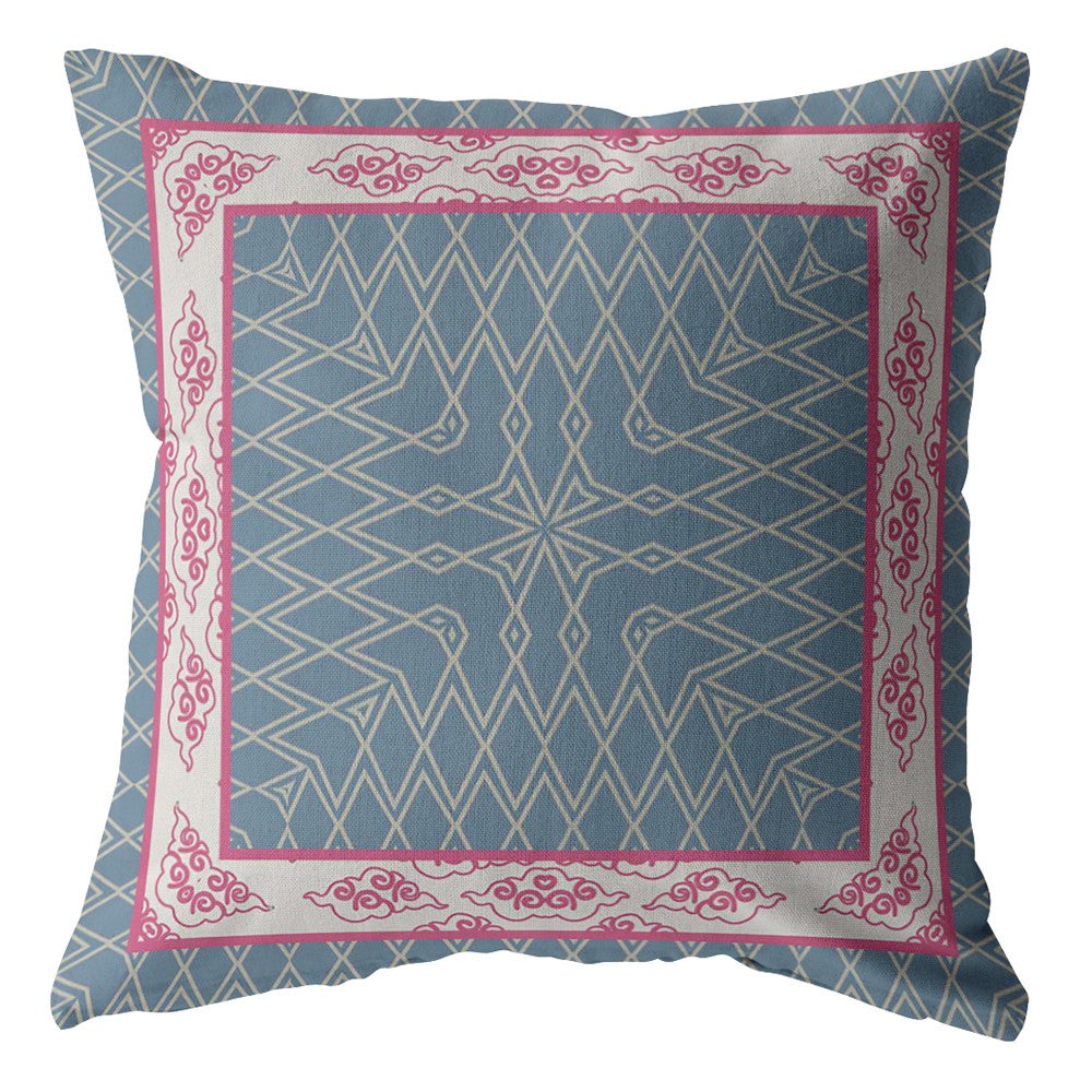 18" Pink Blue Nest Ornate Frame Indoor Outdoor Throw Pillow