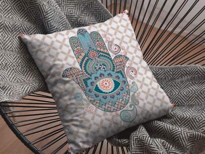 16” Blue Gray Hamsa Indoor Outdoor Throw Pillow