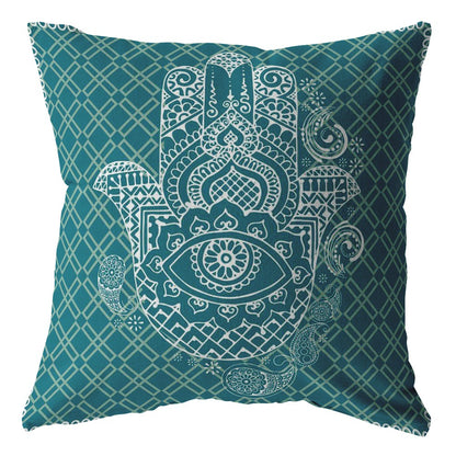 16” Teal White Hamsa Indoor Outdoor Throw Pillow