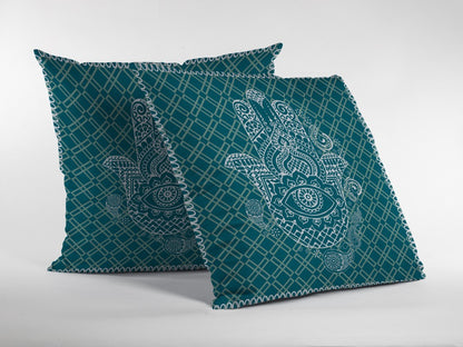 16” Teal White Hamsa Indoor Outdoor Throw Pillow