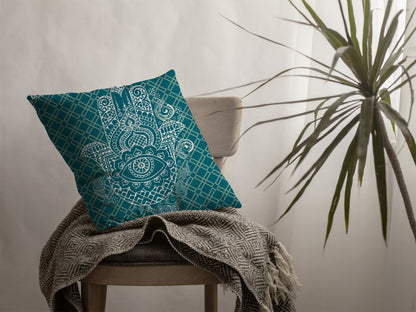 16” Teal White Hamsa Indoor Outdoor Throw Pillow