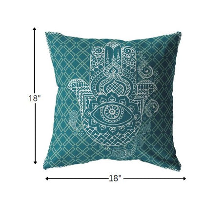 18” Teal White Hamsa Indoor Outdoor Throw Pillow