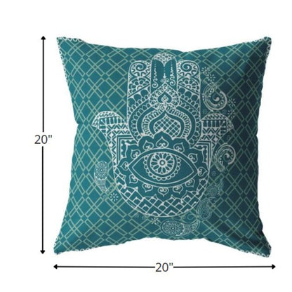 18” Teal White Hamsa Indoor Outdoor Throw Pillow