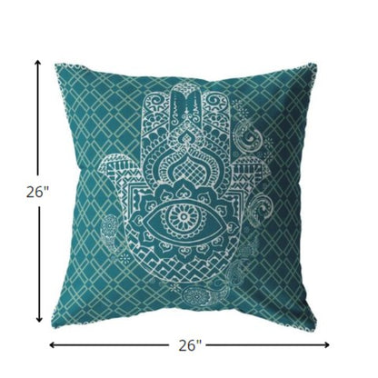 18” Teal White Hamsa Indoor Outdoor Throw Pillow