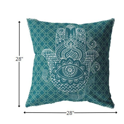 18” Teal White Hamsa Indoor Outdoor Throw Pillow