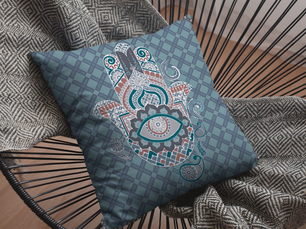 16” Slate Blue Hamsa Indoor Outdoor Throw Pillow