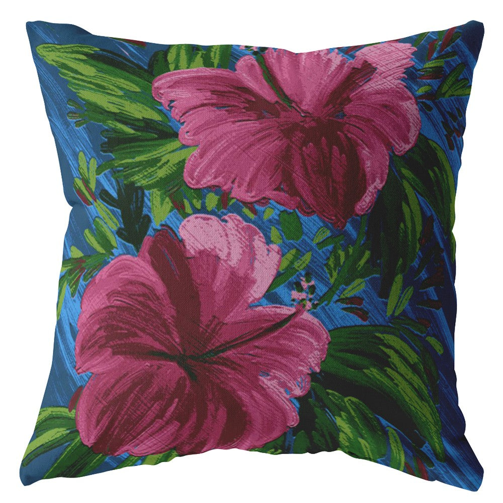 16” Pink Blue Hibiscus Indoor Outdoor Throw Pillow