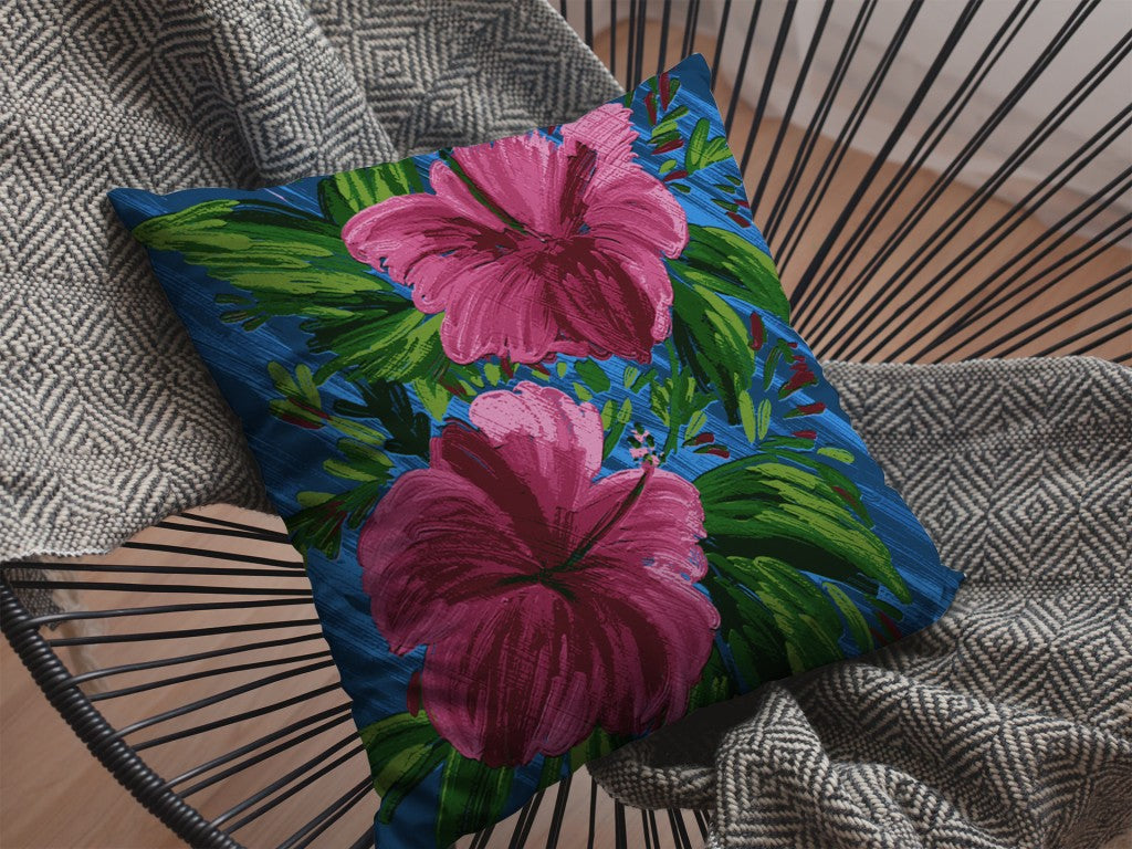 16” Pink Blue Hibiscus Indoor Outdoor Throw Pillow