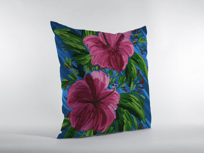 16” Pink Blue Hibiscus Indoor Outdoor Throw Pillow