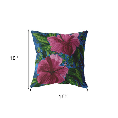 16” Pink Blue Hibiscus Indoor Outdoor Throw Pillow