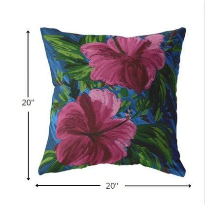 18” Pink Blue Hibiscus Indoor Outdoor Throw Pillow