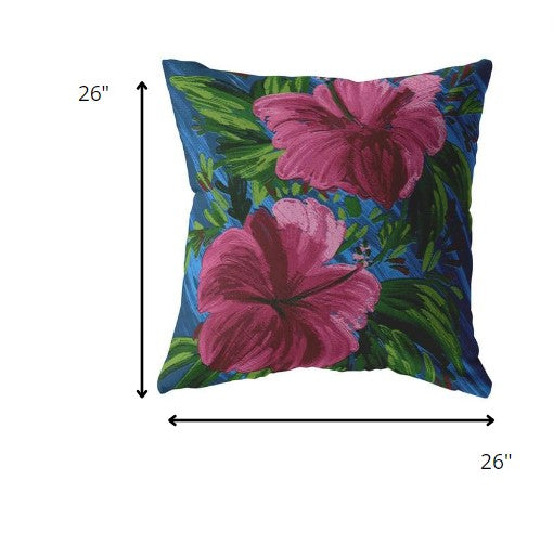 18” Pink Blue Hibiscus Indoor Outdoor Throw Pillow