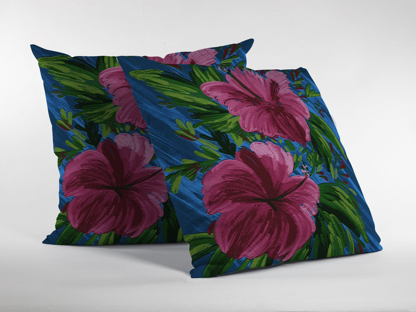 18” Pink Blue Hibiscus Indoor Outdoor Throw Pillow