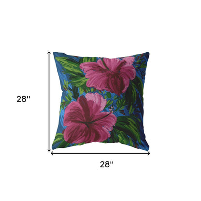 18” Pink Blue Hibiscus Indoor Outdoor Throw Pillow