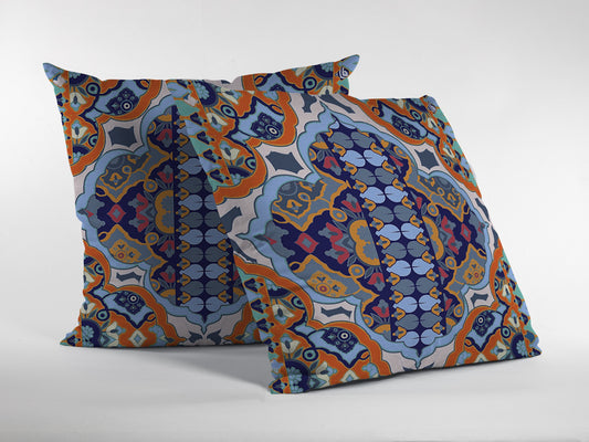 16" Orange Blue Boho Indoor Outdoor Throw Pillow