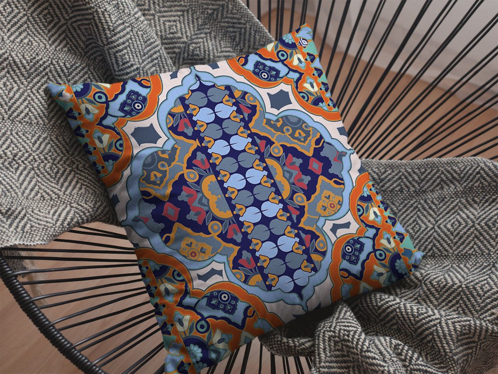 16" Orange Blue Boho Indoor Outdoor Throw Pillow