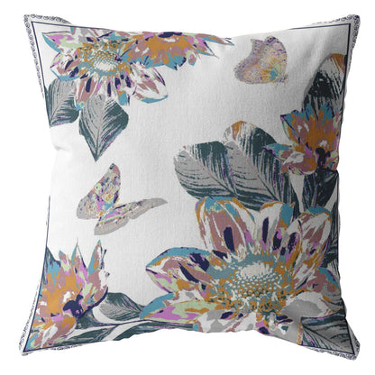 16” Pink White Butterfly Indoor Outdoor Throw Pillow