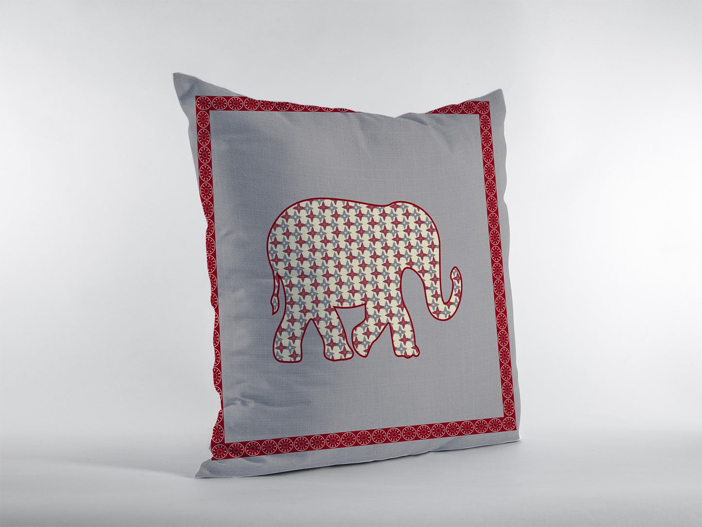 16” Red Gray Elephant Indoor Outdoor Throw Pillow