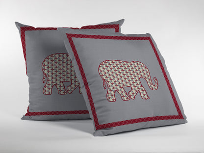 18” Red Gray Elephant Indoor Outdoor Throw Pillow