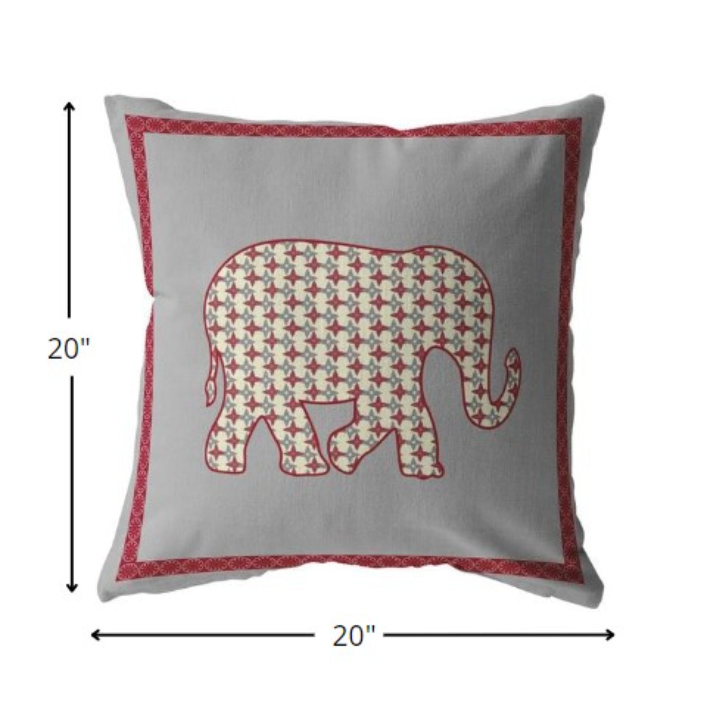 18” Red Gray Elephant Indoor Outdoor Throw Pillow