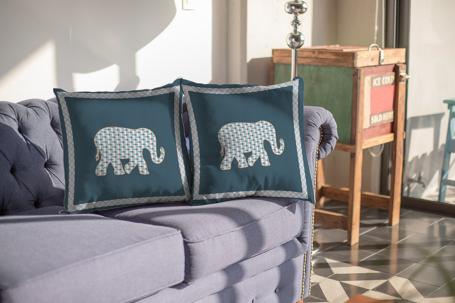 16” Spruce Blue Elephant Indoor Outdoor Throw Pillow